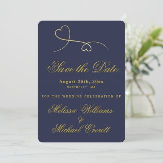 Save the Date | Two Gold Hearts Navy Blue Wedding