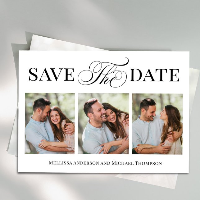 Save the Date Typography Script Elegant Photo  (Elegant calligraphy script photo save the date card with four photo templates. )