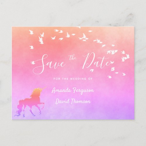 Save the date unicorn rainbow violet purple pink announcement postcard