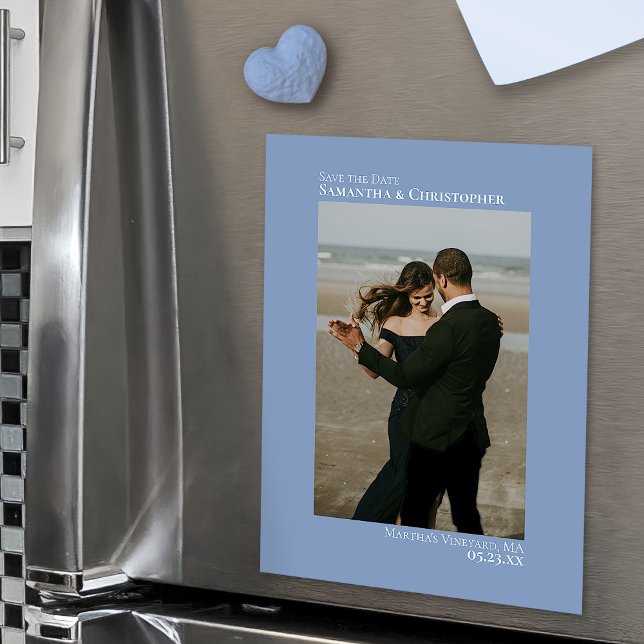 Save the Date Vertical Photo Dusty Blue Magnet (In Situ on Refrigerator)