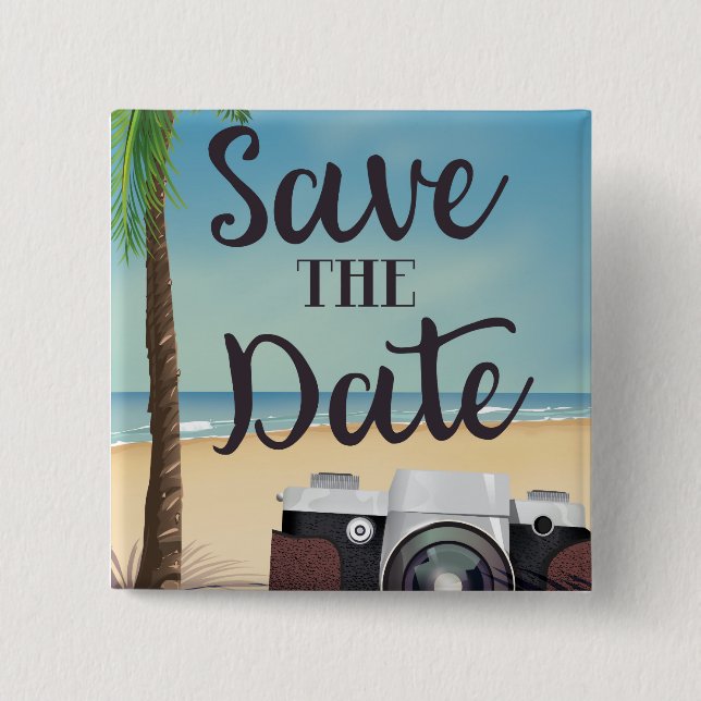 Save the date vintage Camera and Beach Button (Front)