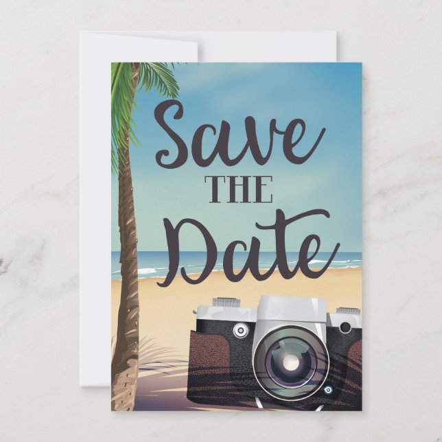 Save the date vintage Camera and Beach Invitation (Back)