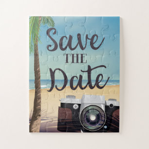 Save the date vintage Camera and Beach Jigsaw Puzzle