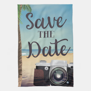 Save the date vintage Camera and Beach Kitchen Towel