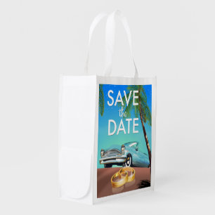 Save the Date vintage car and wedding rings. Grocery Bag