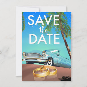 Save the Date vintage car and wedding rings. Invitation