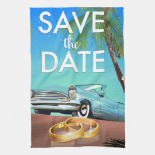Save the Date vintage car and wedding rings. Kitchen Towel