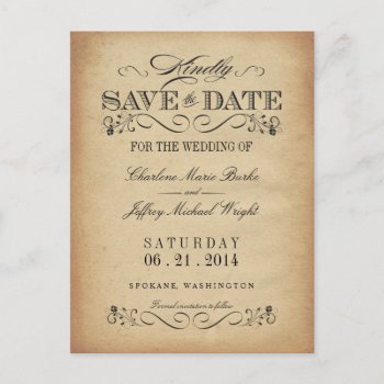 Save The Date Vintage Parchment Postcard by weddingtrendy at Zazzle
