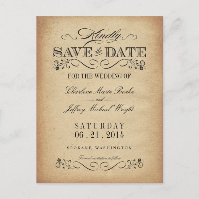 Save the Date Vintage Parchment Postcard (Front)