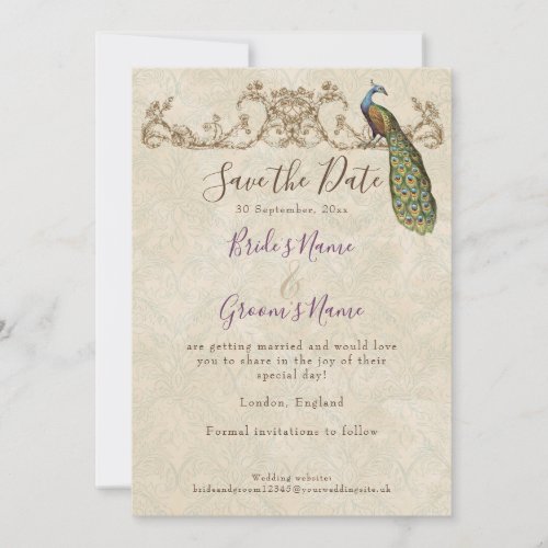Save the Date Vintage Peacock  Etchings Wedding Invitation