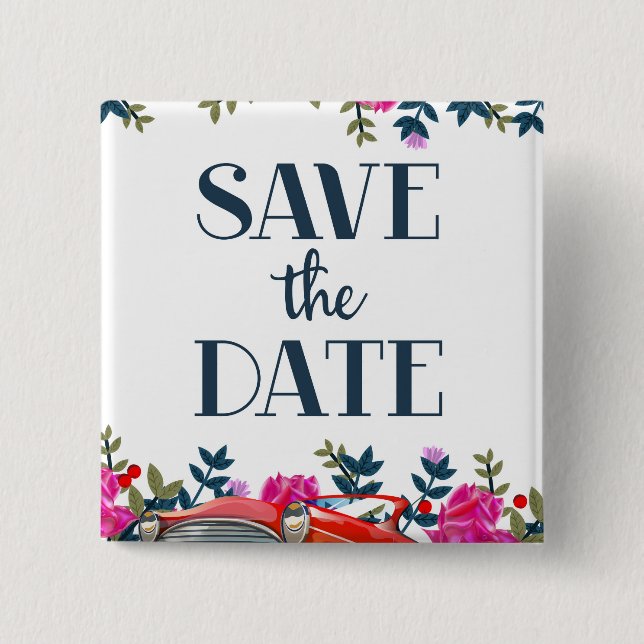 Save The Date Vintage Red Car Button (Front)