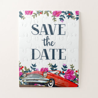 Save The Date Vintage Red Car Jigsaw Puzzle