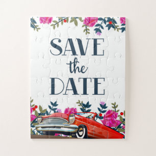 Save The Date Vintage Red Car Jigsaw Puzzle
