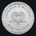 Save the Date - Vintage Silver Foil Look Classic Round Sticker<br><div class="desc">A personalized silver foil look save the date sticker with a heart. Looks just like silver foil,  but,  made of paper.</div>