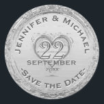 Save the Date - Vintage Silver Foil Look Classic Round Sticker<br><div class="desc">A personalized silver foil look save the date sticker with a heart. Looks just like silver foil,  but,  made of paper.</div>