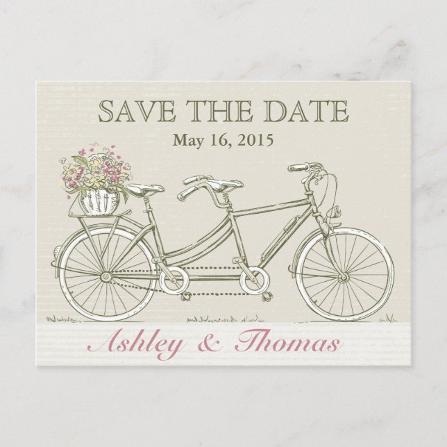 Save the Date Vintage Tandem Bicycle Announcement Postcard (Front)