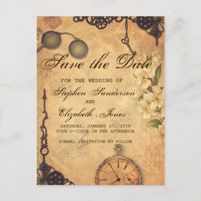 Save The Date Vintage Victorian Steampunk Announcement Postcard (Front)