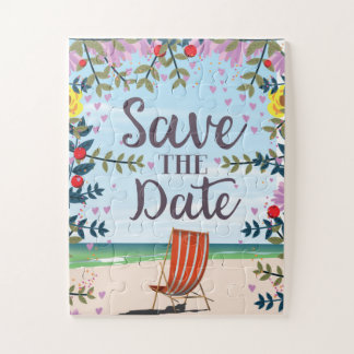 Save The Date Vintage Vintage Beach and Deckchair Jigsaw Puzzle
