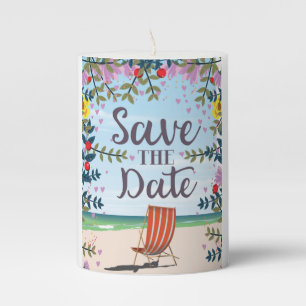 Save The Date Vintage Vintage Beach and Deckchair Pillar Candle