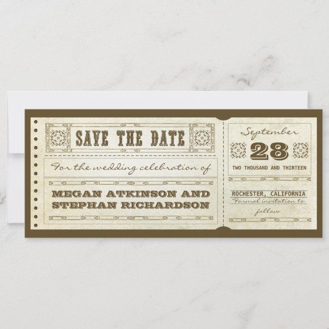 save the date vintage wedding tickets (Front)