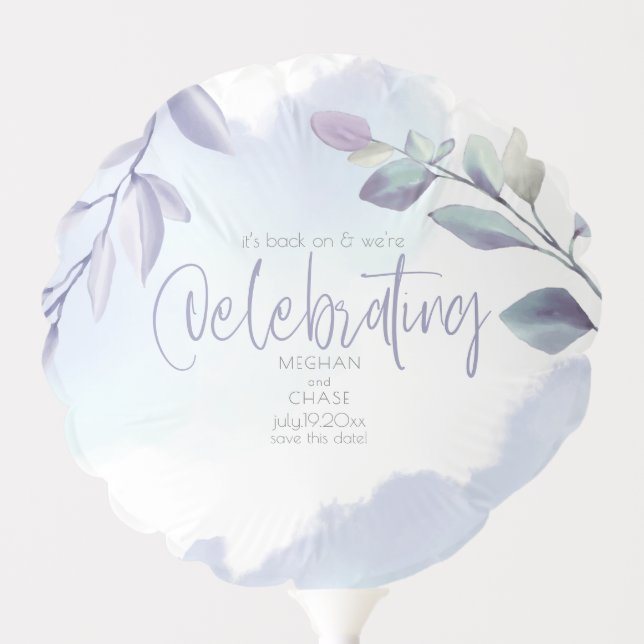 Save the Date  Watercolor Aqua Lilac Leaves Balloon (Front)