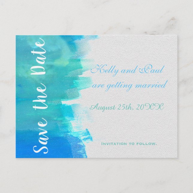 SAVE THE DATE Watercolor Blue Beach Postcard (Front)