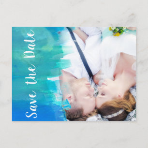 SAVE THE DATE Watercolor Blue Photo Postcard