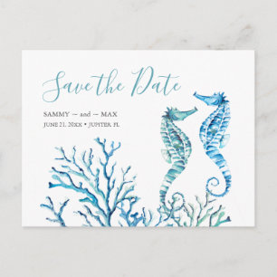 Save The Date Watercolor Blue Seahorse Postcard