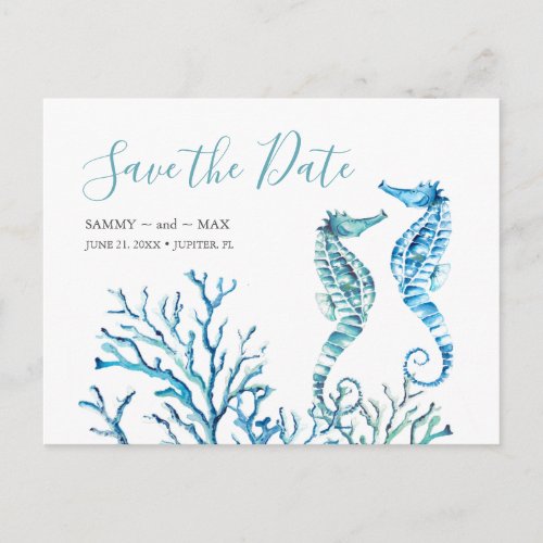 Save The Date Watercolor Blue Seahorse Postcard