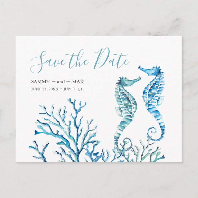 Save The Date Watercolor Blue Seahorse Postcard (Front)