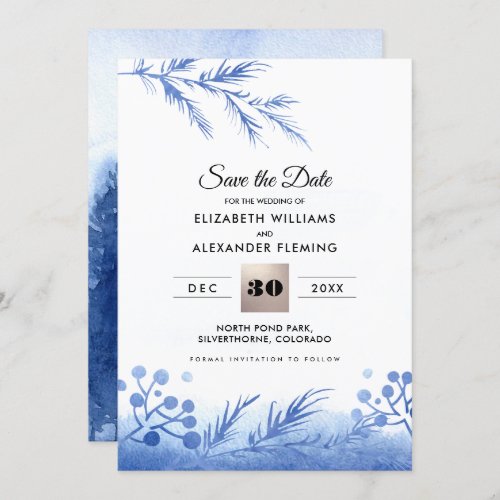 Save the Date Watercolor Blue Winter Forest Card