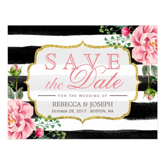 Save The Date Watercolor Blush Pink Floral Stripes Postcard