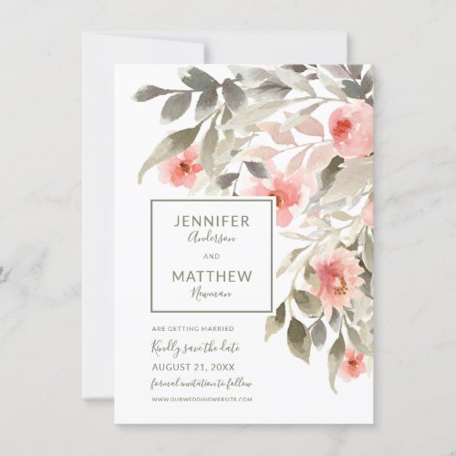 Save the Date Watercolor Blush Rose with Photo Invitation