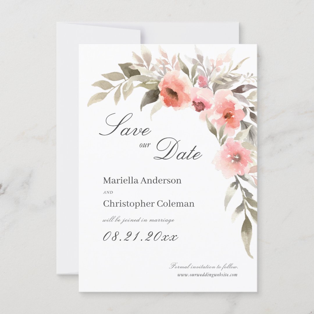 Save the Date Watercolor Blush Rose Wreath | Zazzle