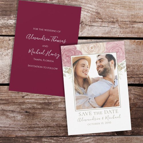 Save the Date Watercolor Burgundy Floral Rose