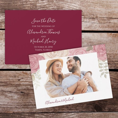 Save the Date Watercolor Burgundy Floral Rose