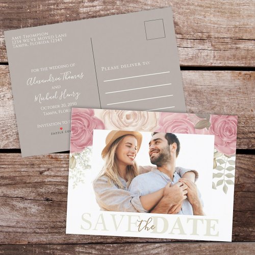 Save the Date Watercolor Burgundy Floral Rose Announcement Postcard