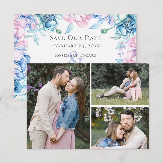 Save The Date Watercolor Floral 3-Photo Card (Front/Back)