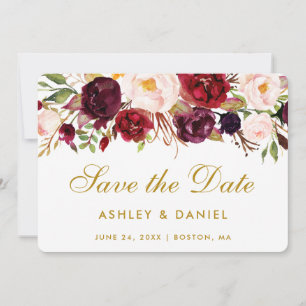 Save The Date Watercolor Floral Burgundy Gold