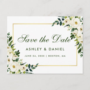 Save The Date Watercolor Floral Green White Announcement Postcard