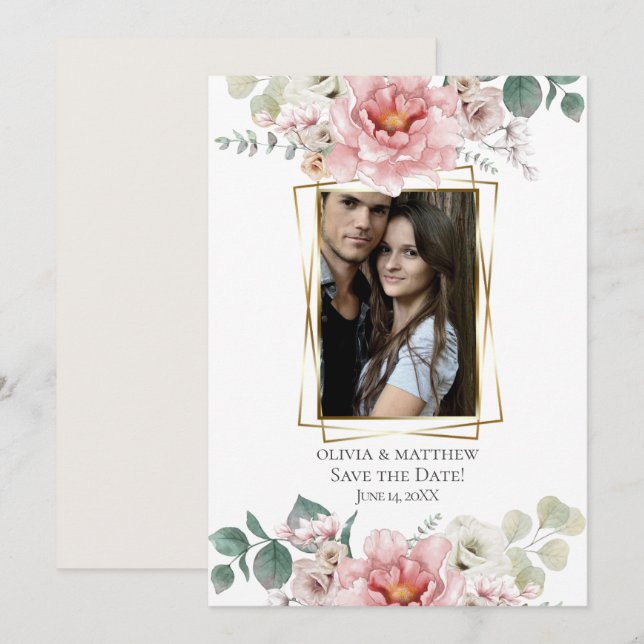 Save the Date | Watercolor Floral Pink Blush Invitation (Front/Back)