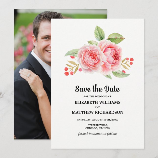 Save the Date. Watercolor Floral Wedding Photo  Invitation (Front/Back)