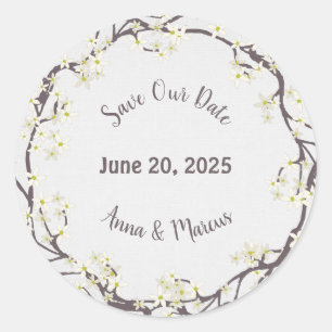 save the date watercolor floral wreath classic round sticker