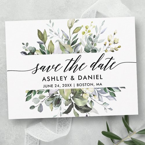 Save The Date Watercolor Greenery Calligraphy Postcard