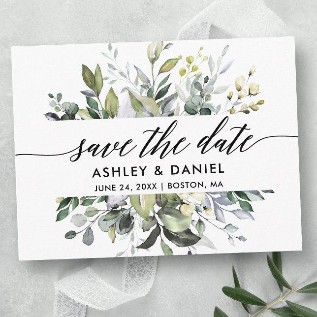 Save The Date Watercolor Greenery Calligraphy Postcard (Customize to change your personalized text size, style or color.)