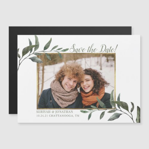 Save the Date Watercolor Greenery Gold Foil Photo Magnetic Invitation