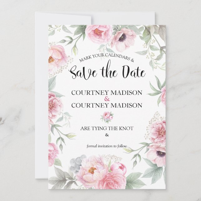Save the Date Watercolor Pink Roses Flowers (Front)