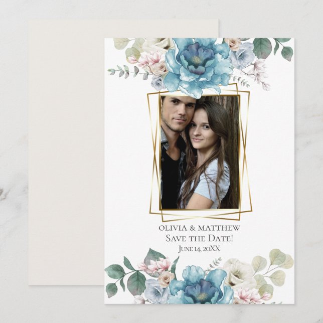 Save the Date | Watercolor Teal Peony Flowers Invitation (Front/Back)