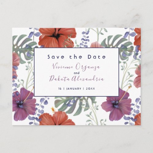 Save the Date watercolor tropical flower hibiscus Postcard
