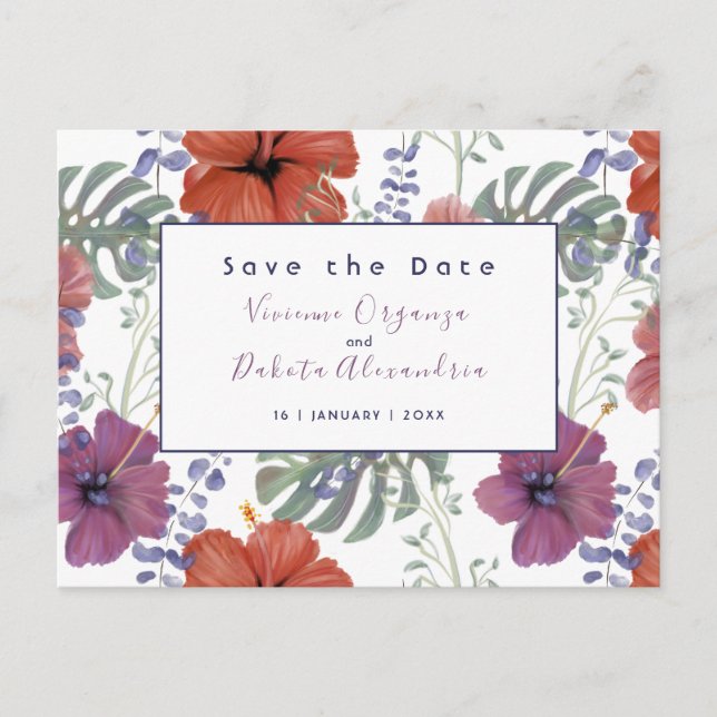 Save the Date watercolor tropical flower hibiscus Postcard (Front)